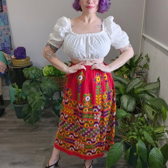 Vintage 1950's Indian Embroidered Mirrorwork Floral Skirt - Picture 1 of 15